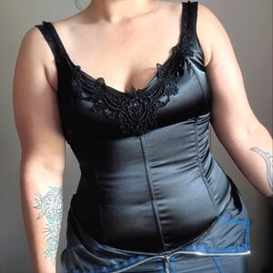 Y2K Morbid Threads Black Satin Corset Top Size Large